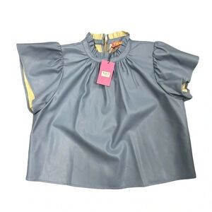 NWT THML Blue‎ Faux Leather Flutter Sleeve Top Womens XS Round Neckline